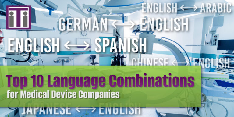 A background image of an operating suite with different language combinations floating in front including English to Spanish, Chinese to English, English to Arabic, Japanese to English, and German to English. Title reads Top 10 Language Combinations for Medical Device Companies.